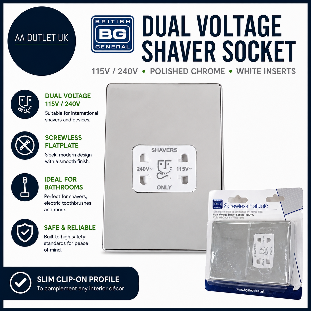 BG Electrical Dual Voltage Shaver Plug Socket Electric Toothbrush Charger Silver