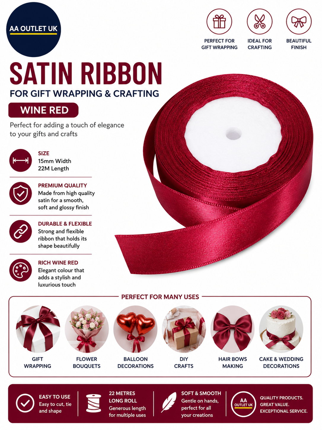 Wine Red Satin Ribbon Gift Wrapping 1 Roll 15mmx22m Crafting Flower Bouquets