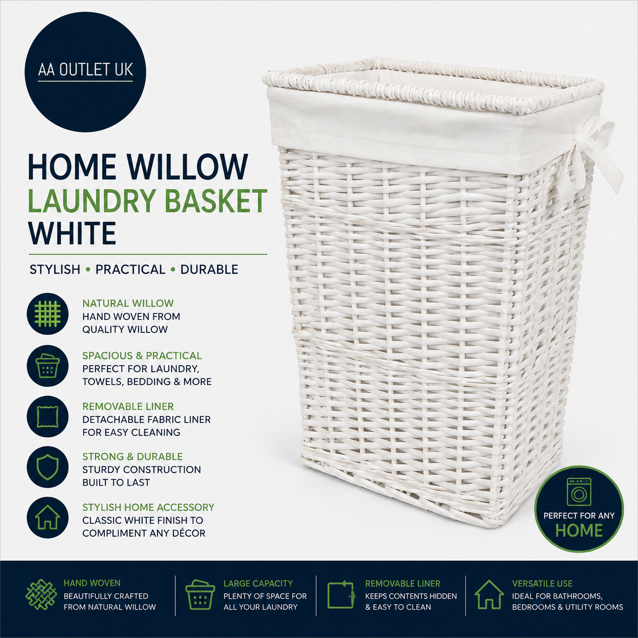 Argos Home 68Litre Willow Laundry Basket Wicker Frame White 56x35x35cm
