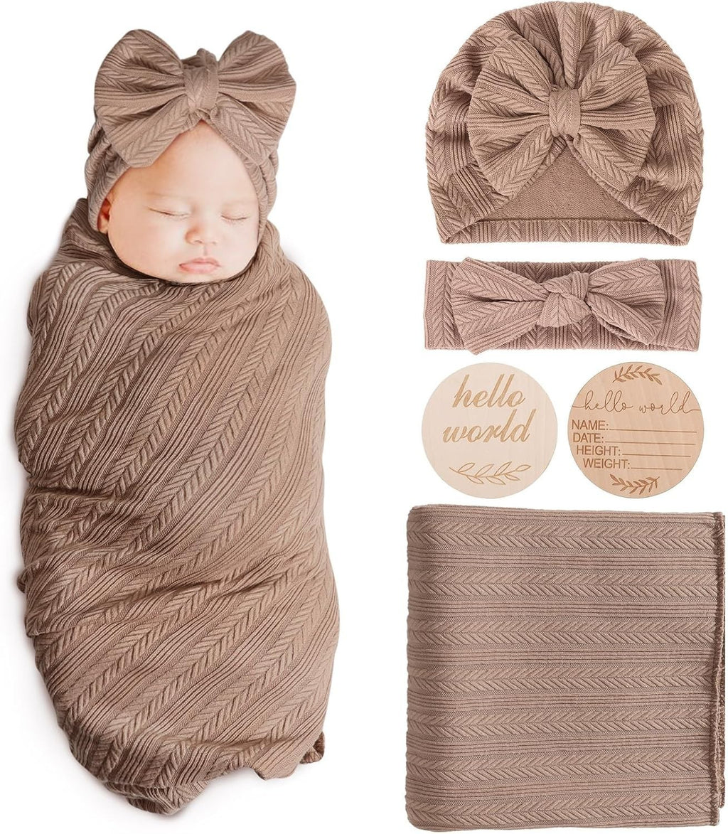 Aqokka Newborn Receiving Blanket Bow Hat Headband Wooden Card Set 80x80cm New