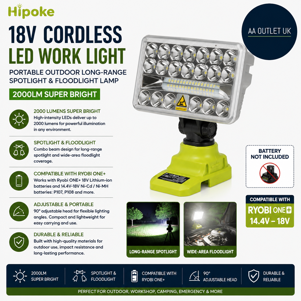 Hipoke 18V Cordless LED Work Light Portable Outdoor Long Range Flashlight 2000LM