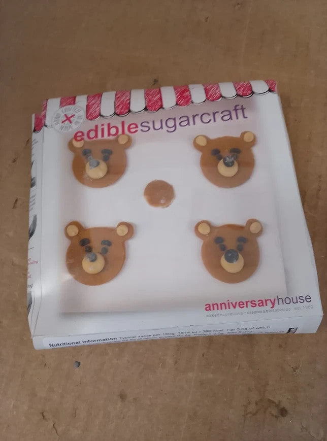 Anniversary House Teddy Bear Face Sugarcraft Toppers SF606 Brown 4pc New