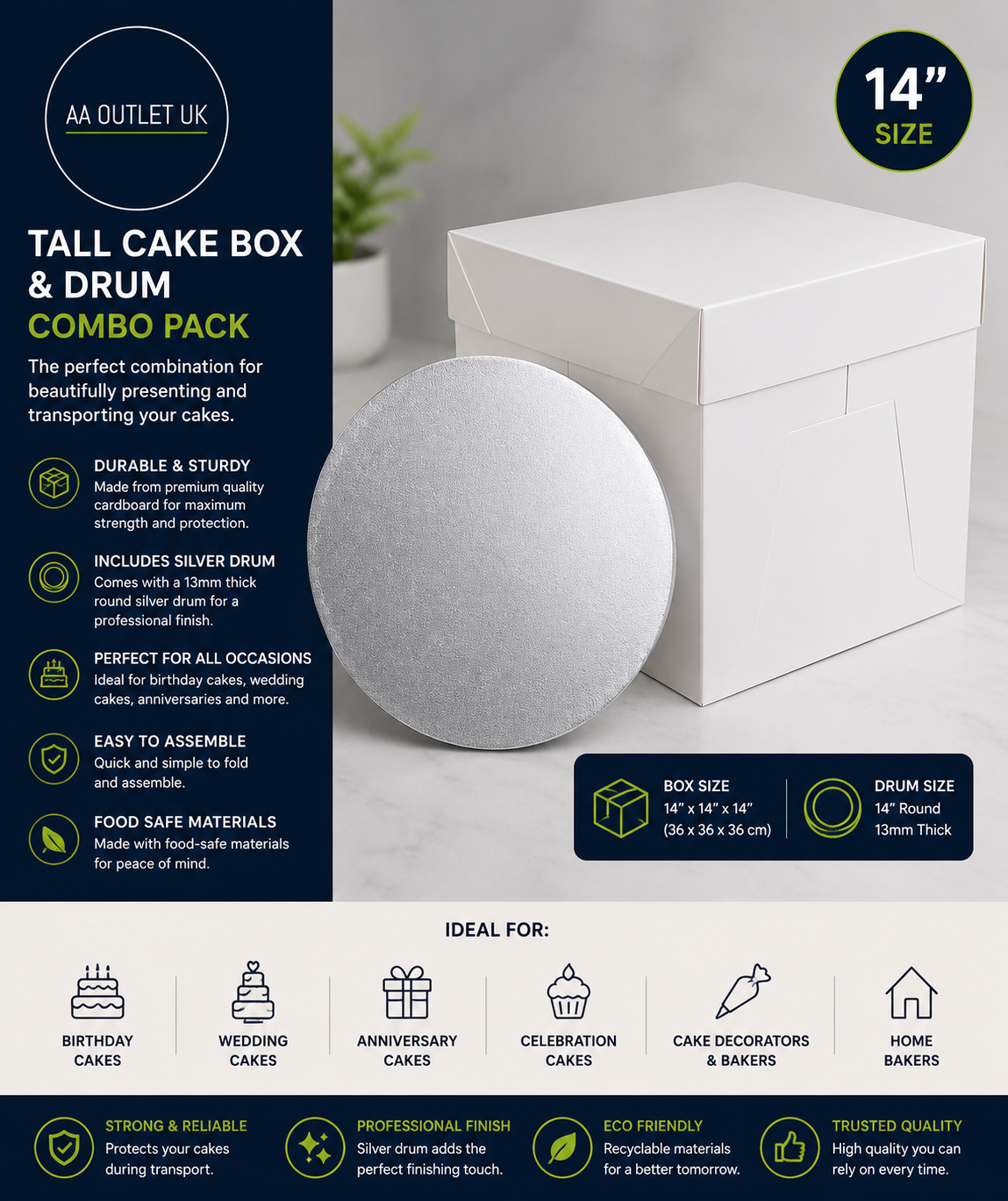 Pack N Trade Tall White Cake Box 14in 13mm Round Silver Drum Durable