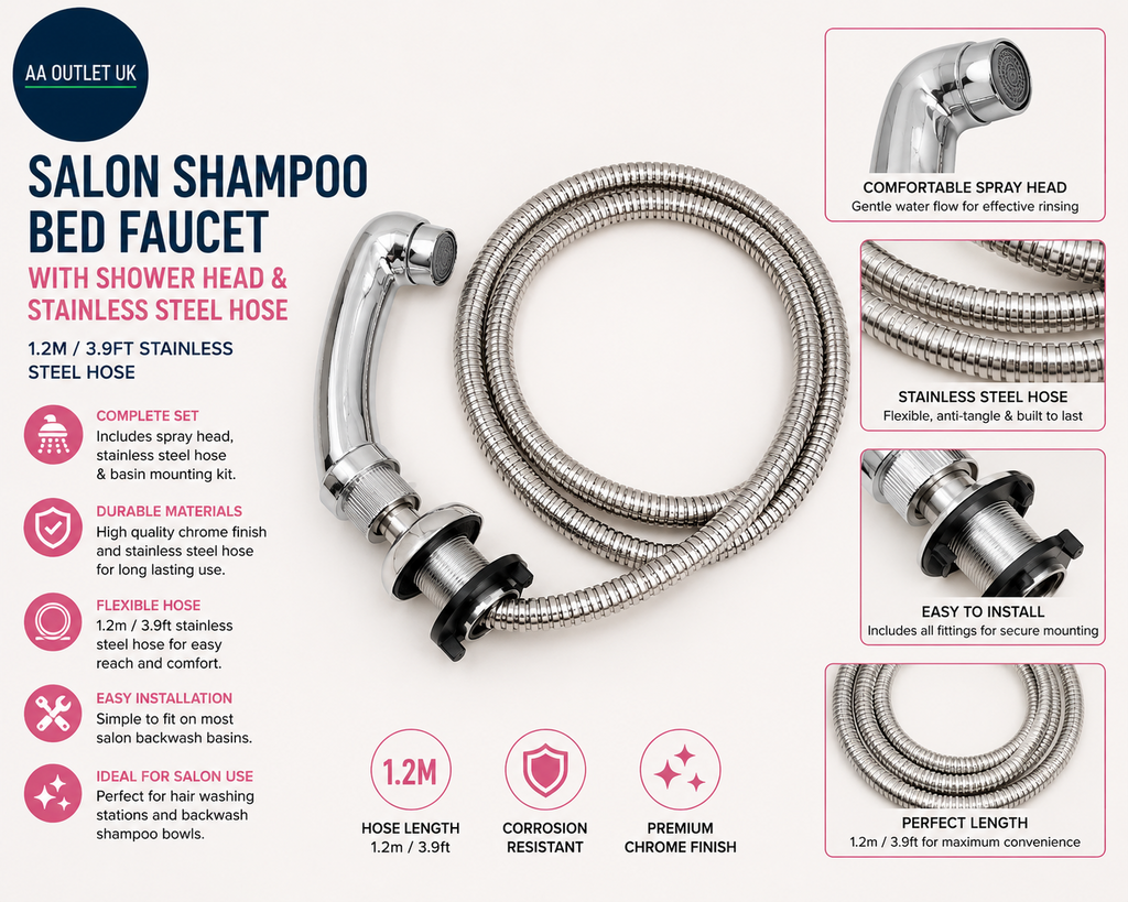 Pongnas Salon Shampoo Bed Faucet 1.2m 3.9ft Stainless Steel Hose Shower Head