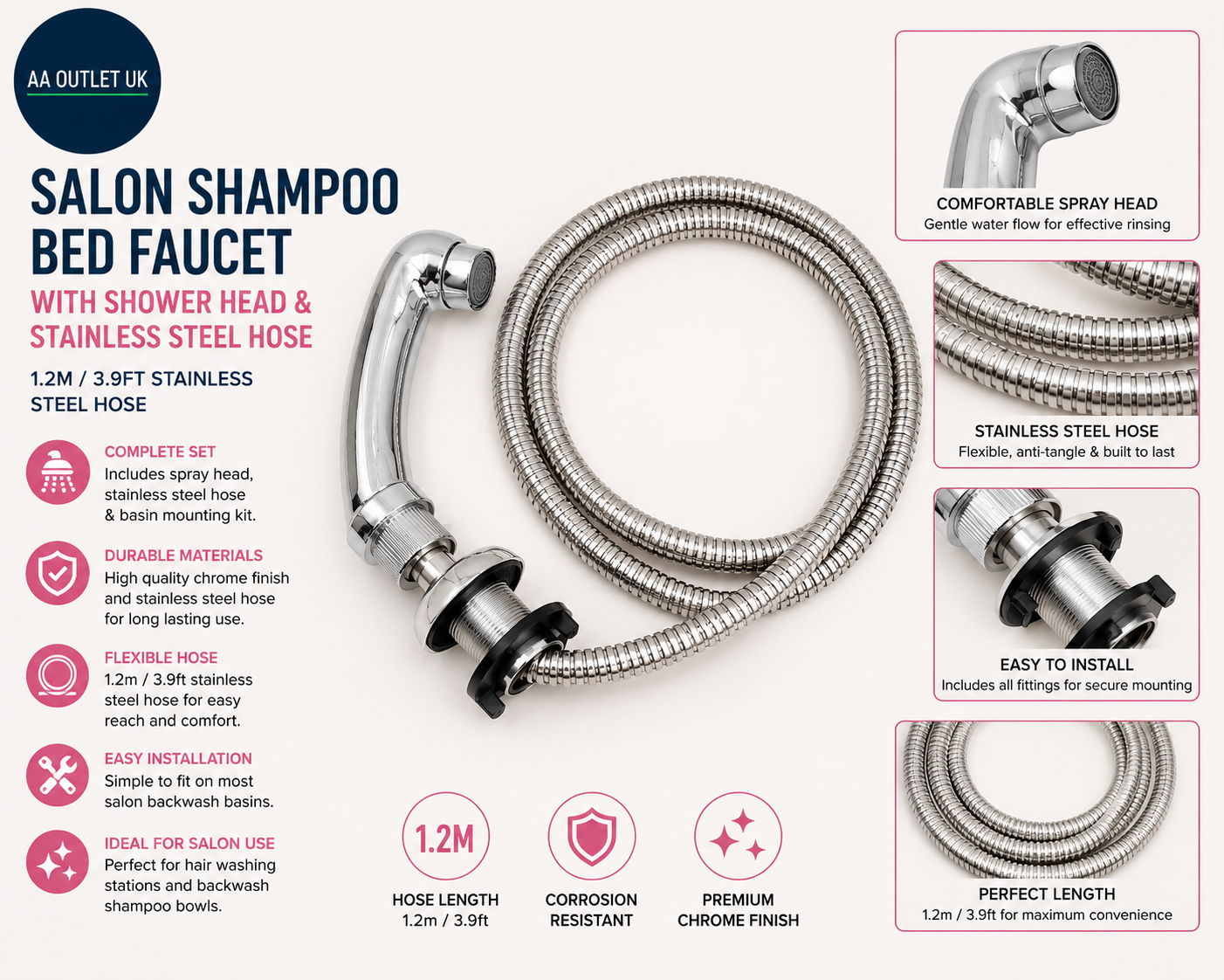 Pongnas Salon Shampoo Bed Faucet 1.2m 3.9ft Stainless Steel Hose Shower Head