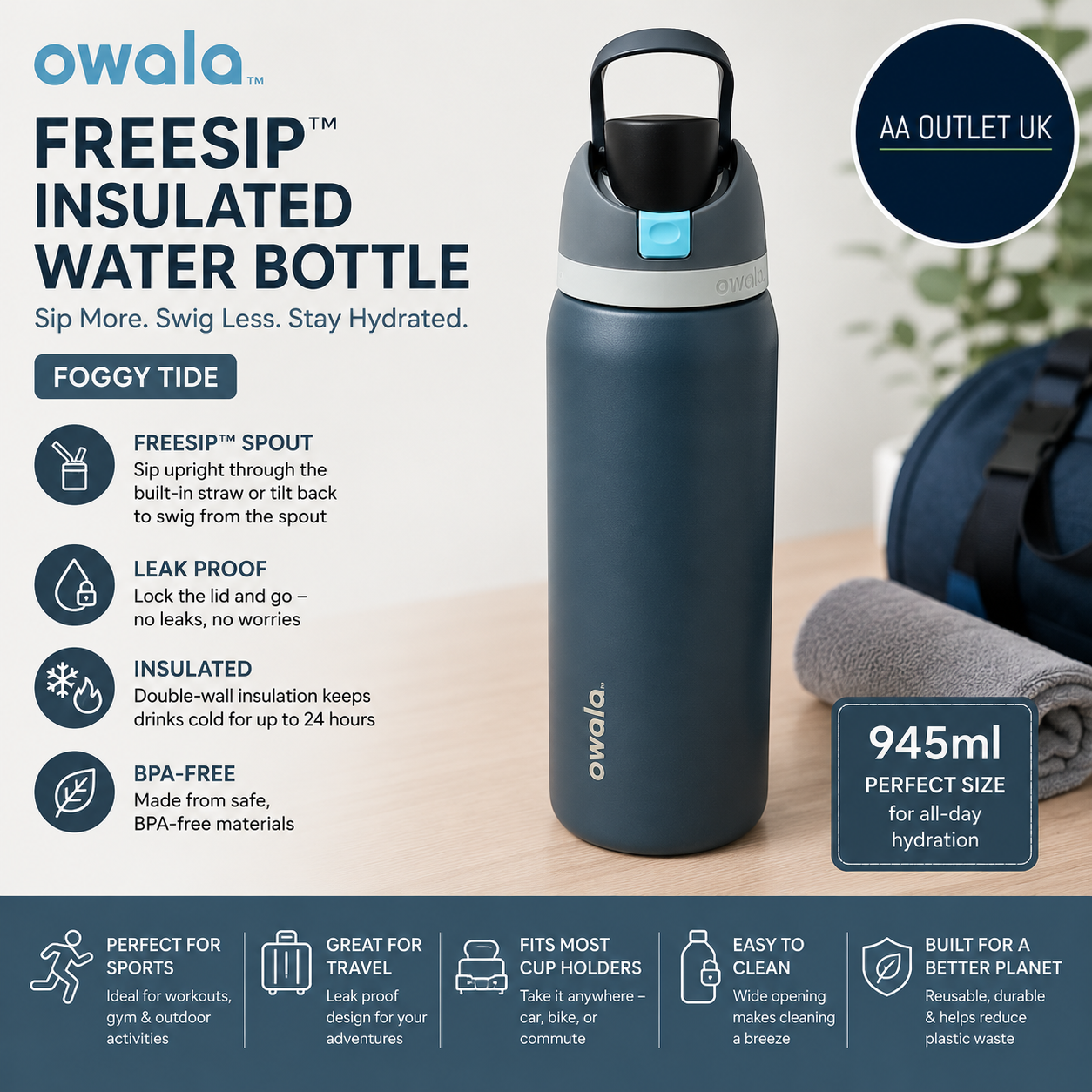 Owala FreeSip Insulated Stainless Steel Water Bottle Straw Sports 945ml