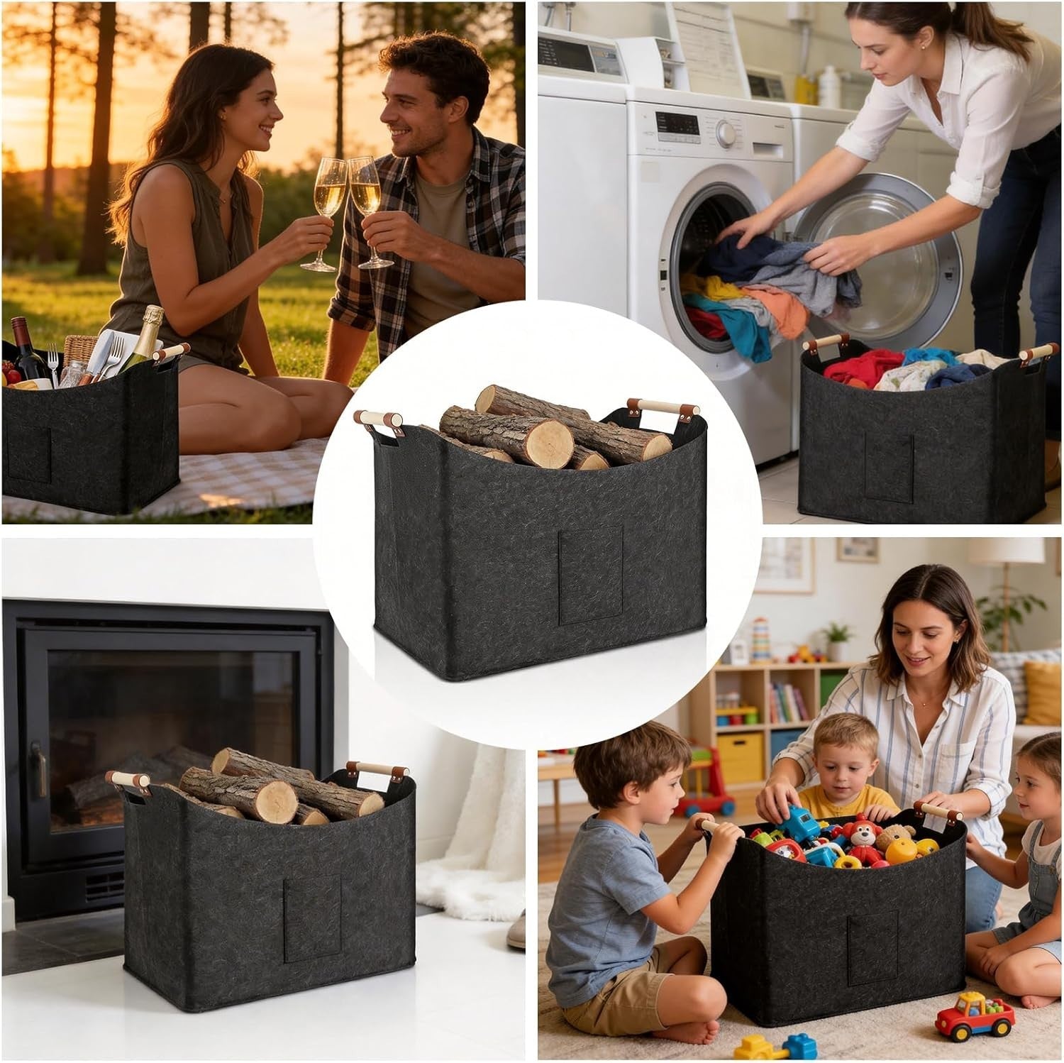 96L Felt Firewood Basket Log Holder Wood Burner Storage Reinforced Handle New