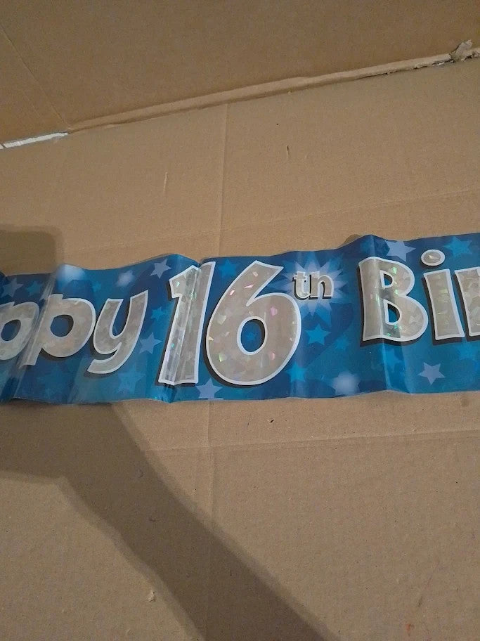 OakTree 9ft Banner Happy 16th Birthday Blue Holographic Foldable New
