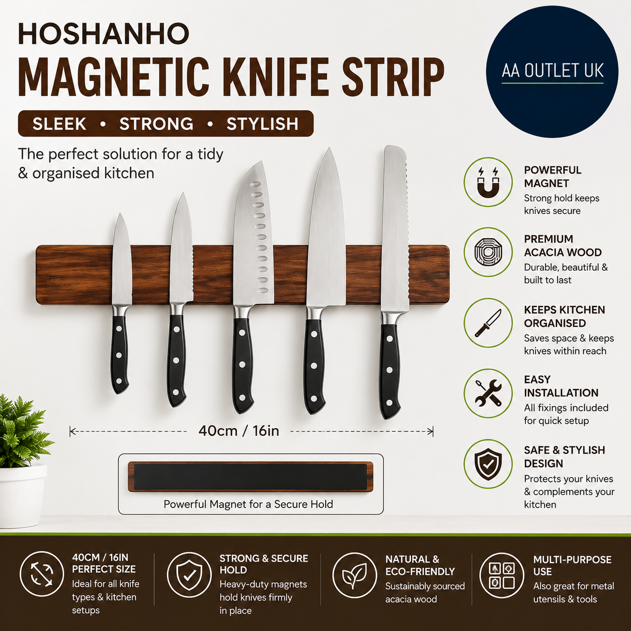 HOSHANHO Magnetic Knife Strips Magnetic Holder Wall Acacia 0.67x15.75x2.48in