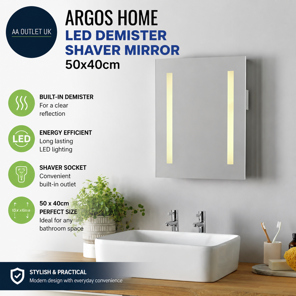 Argos Home Bathroom LED Demister Shaver Mirror 50x40cm IP Rating 44