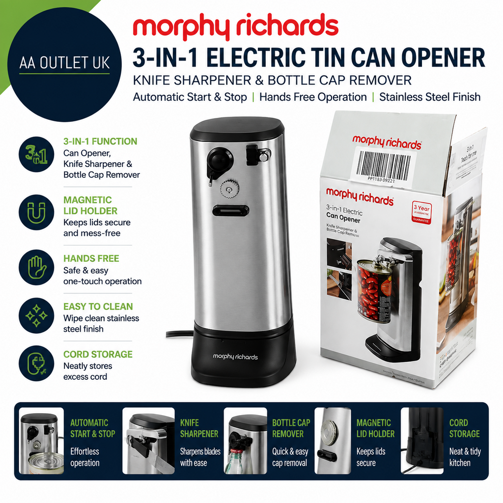 Morphy Richards 3 In 1 Electric Tin Can Opener Knife Sharpener Bottle Cap Remove