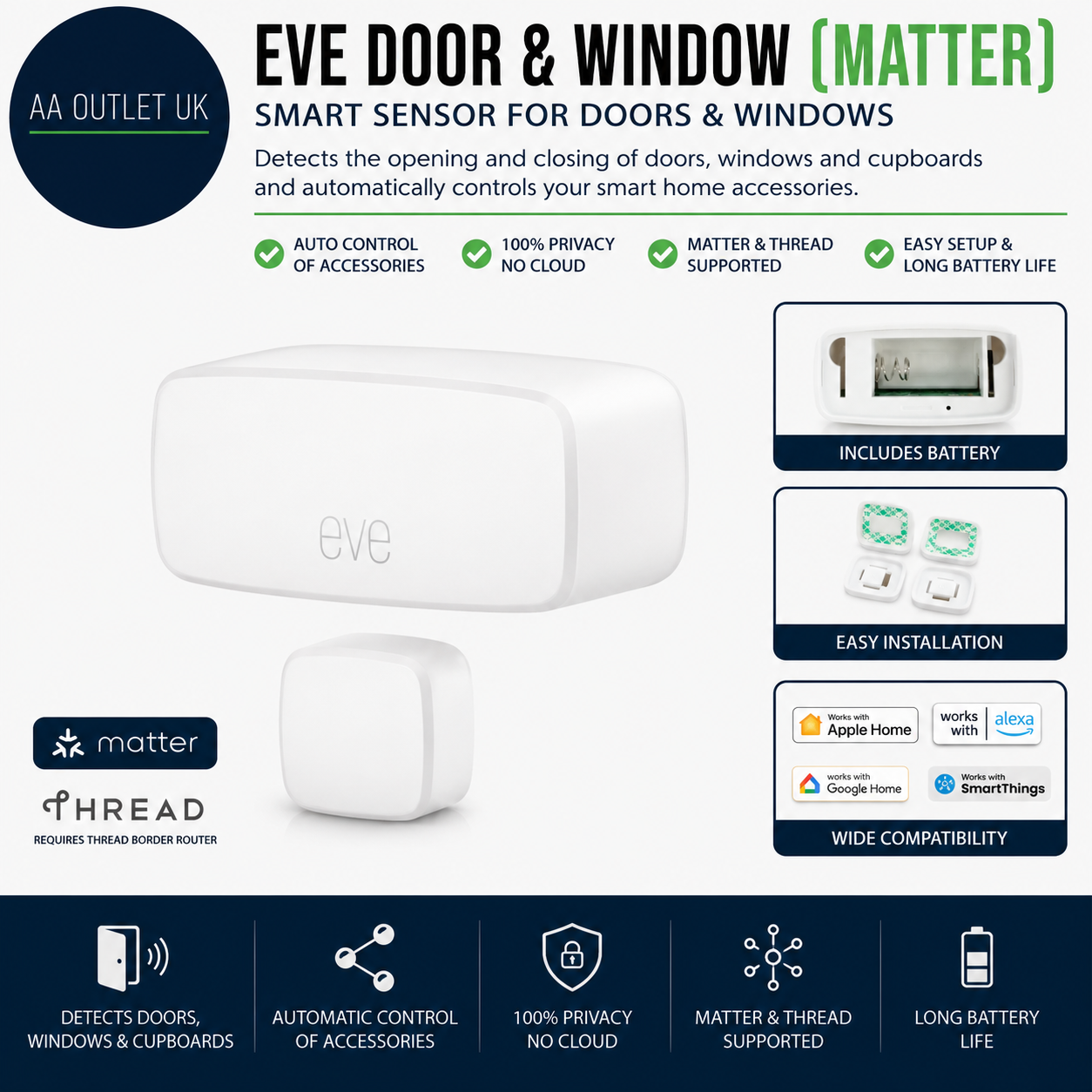 Eve Door & Window Matter Smart Sensor  Automatic Control White Apple Home Alexa