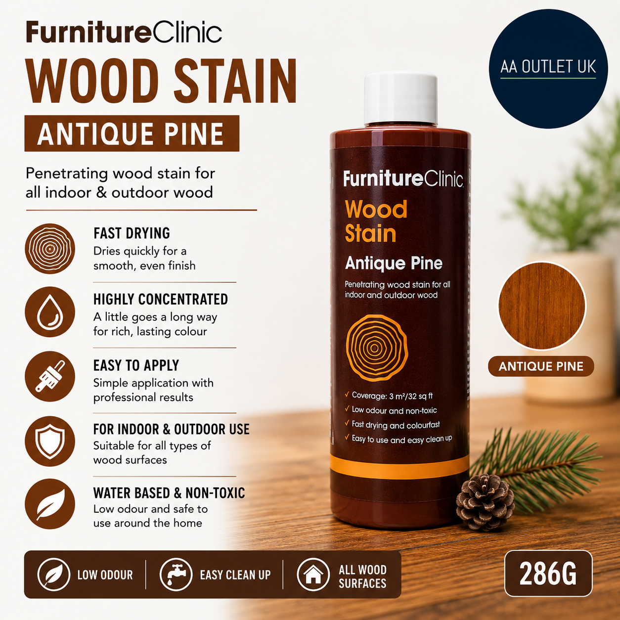 Furniture Clinic Wood Stain Antique Pine Fast Drying Highly Concentrated 250ml