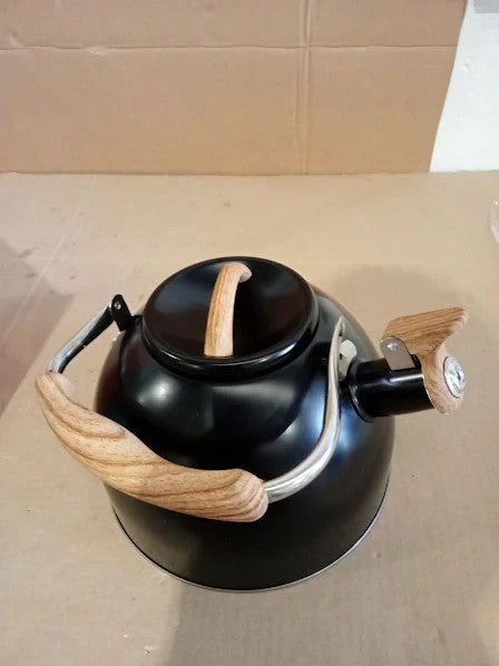 Whistling Kettle 3L Black Stainless Steel Stove Top Wood Grain Handle New