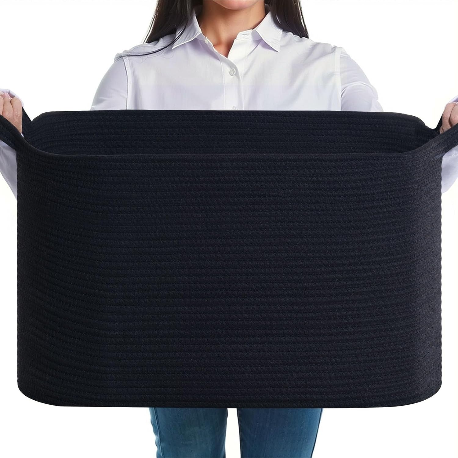 JOJOSEE Large Woven Laundry Storage Basket 55x38x30cm Black Cotton Rope
