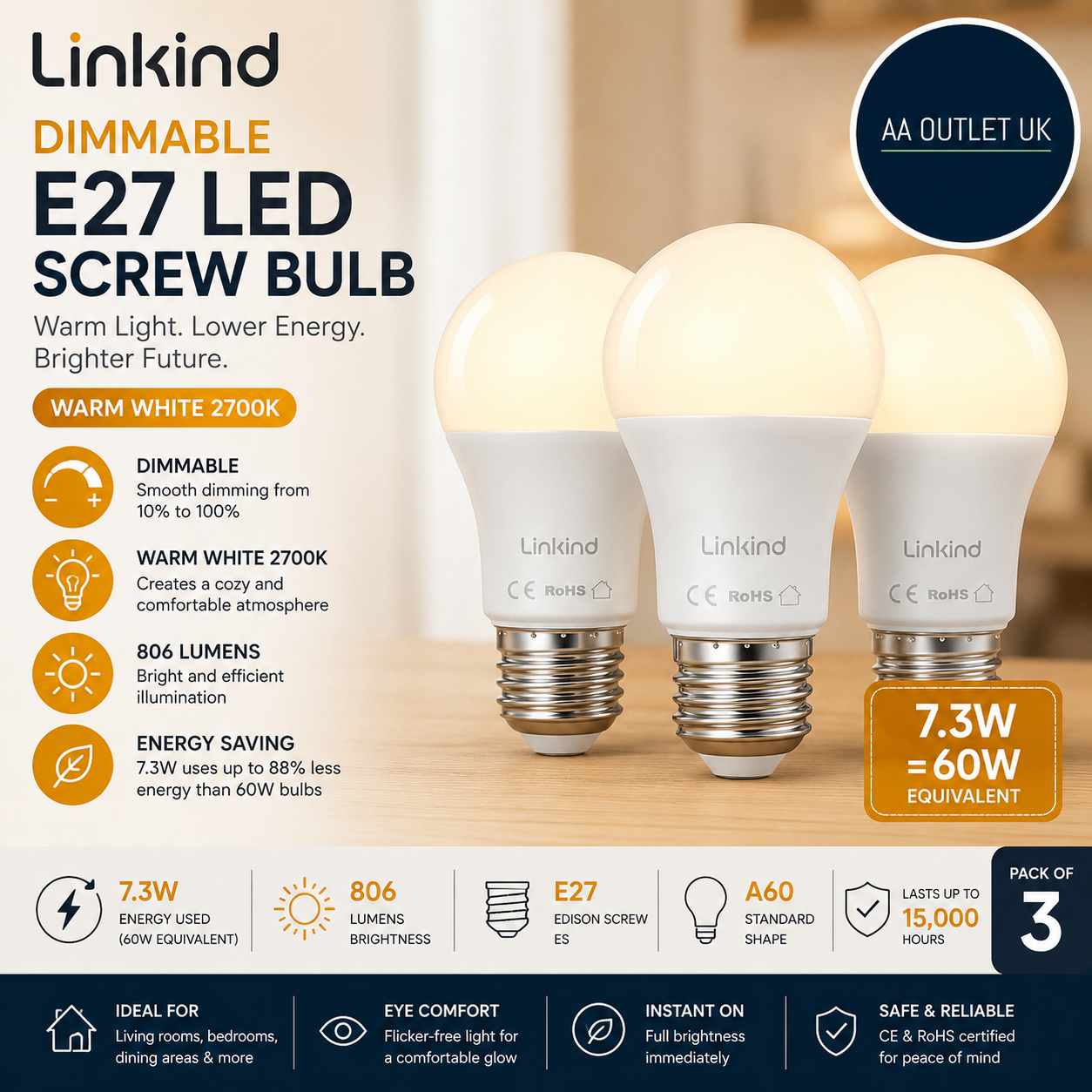 Linkind Dimmable E27 Screw Bulb 7.3W E27 Edison ES LED Light Warm White