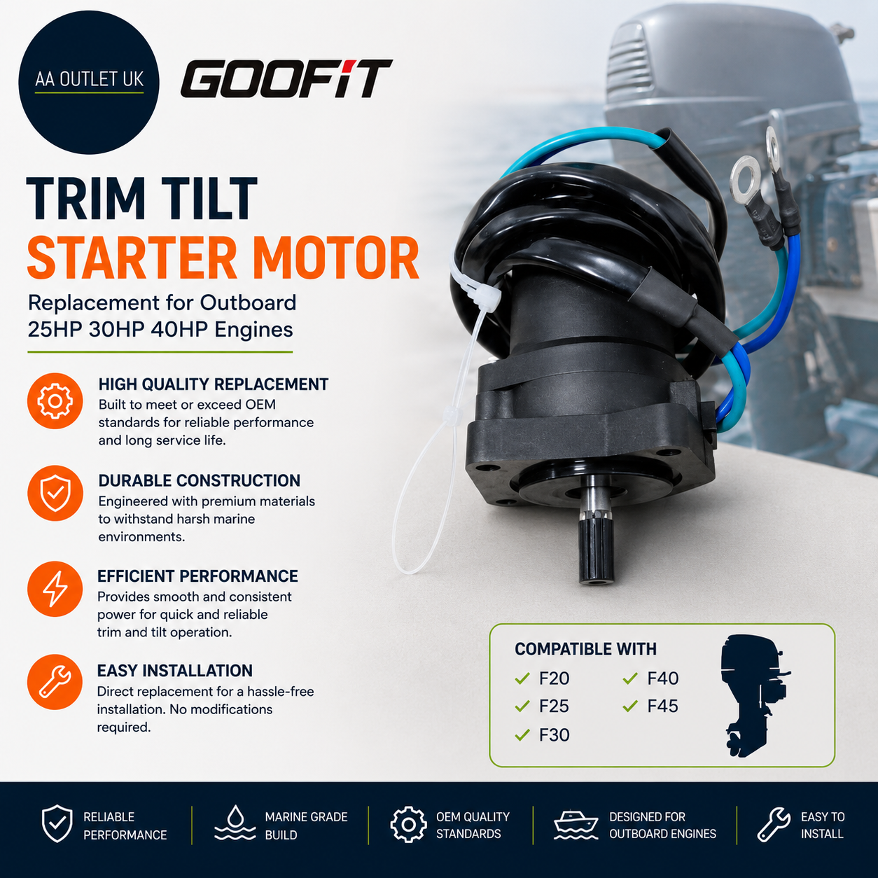 Goofit Motorcycle Trim Tilt Starter Motor Replacement Outboard 25HP 30HP 40HP