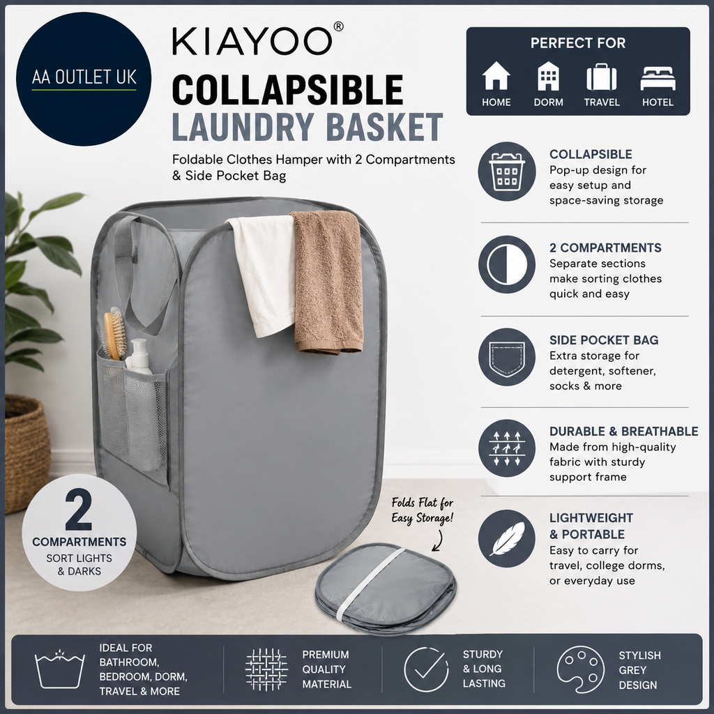 Kiayoo Collapsible Laundry Basket Clothes Foldable Hamper 2 Compartments