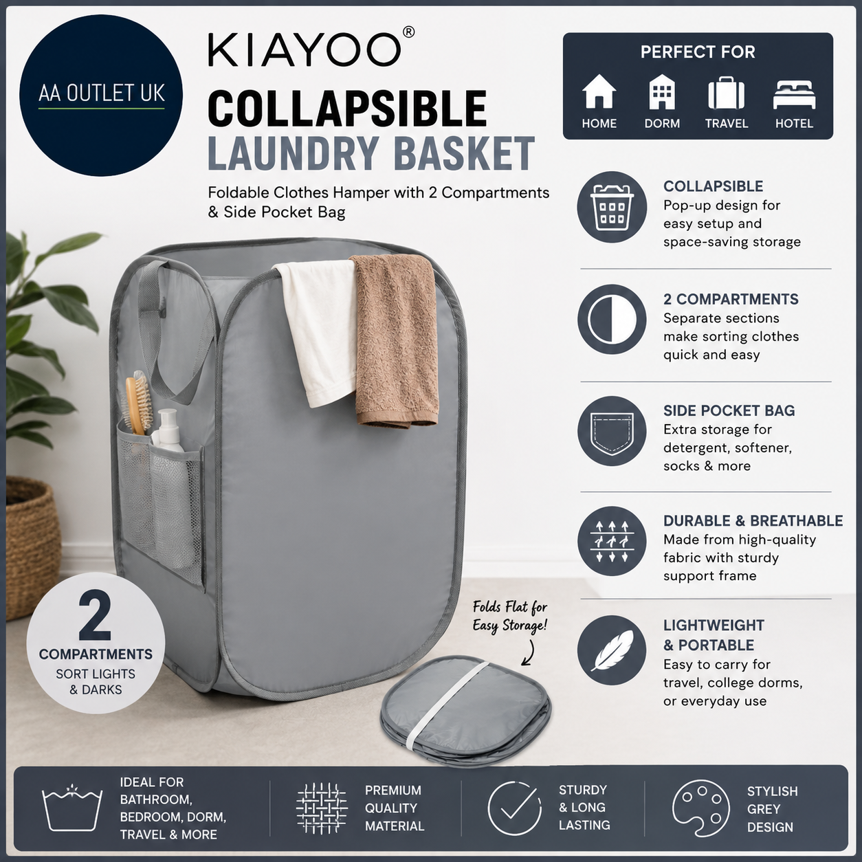 Kiayoo Collapsible Laundry Basket Clothes Foldable Hamper 2 Compartments
