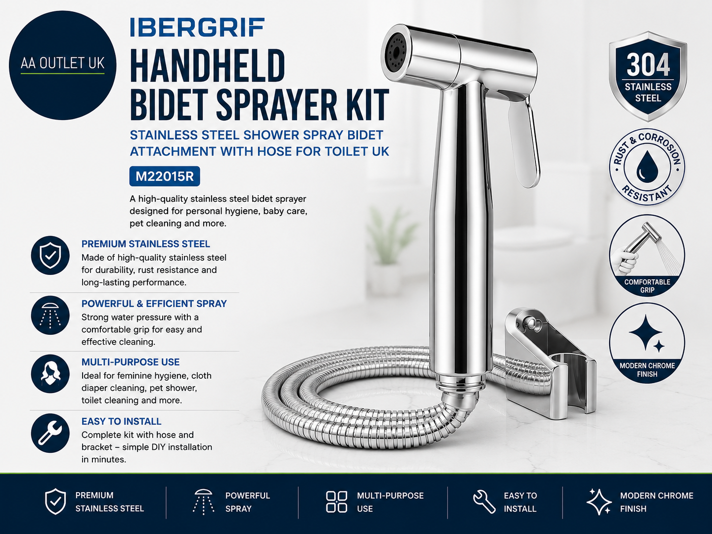 Ibergrif Handheld Sprayer Kit Stainless Steel Shower Spray Bidet Attachment