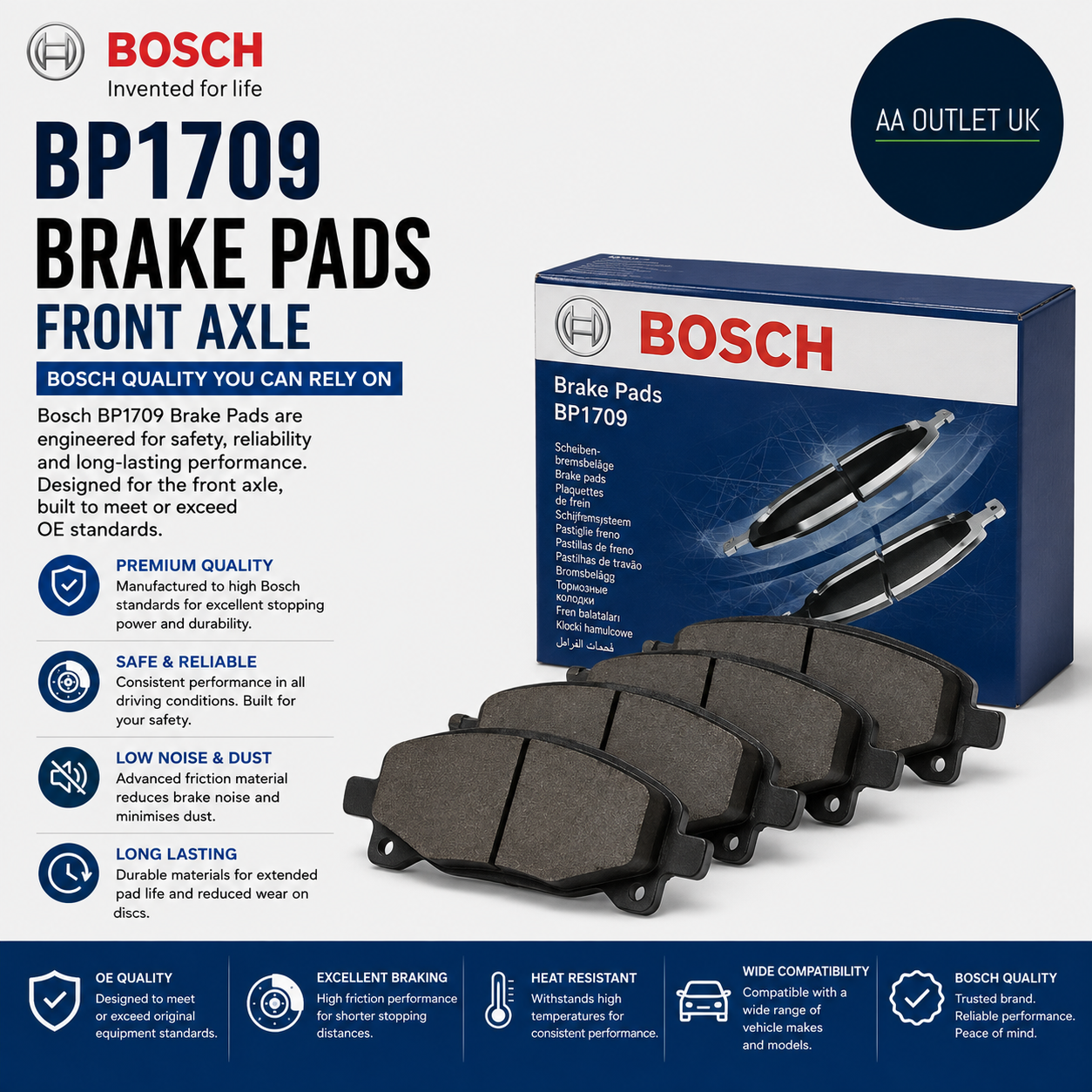 Bosch BP1709 Brake Pads Car Front Axle Bosch Quality Reducced Noise Dust