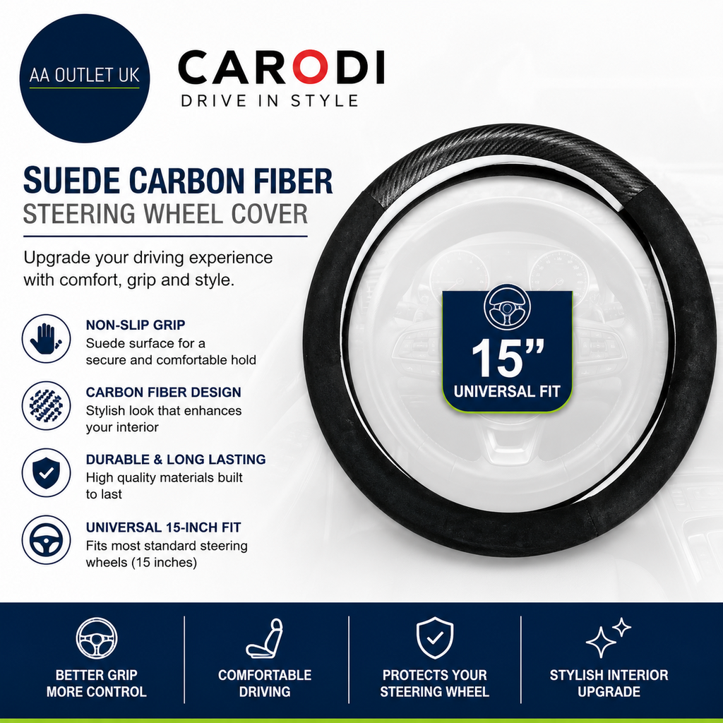 Carodi Car Suede Carbon Fiber Steering Wheel Cover Non Slip Leather Interior
