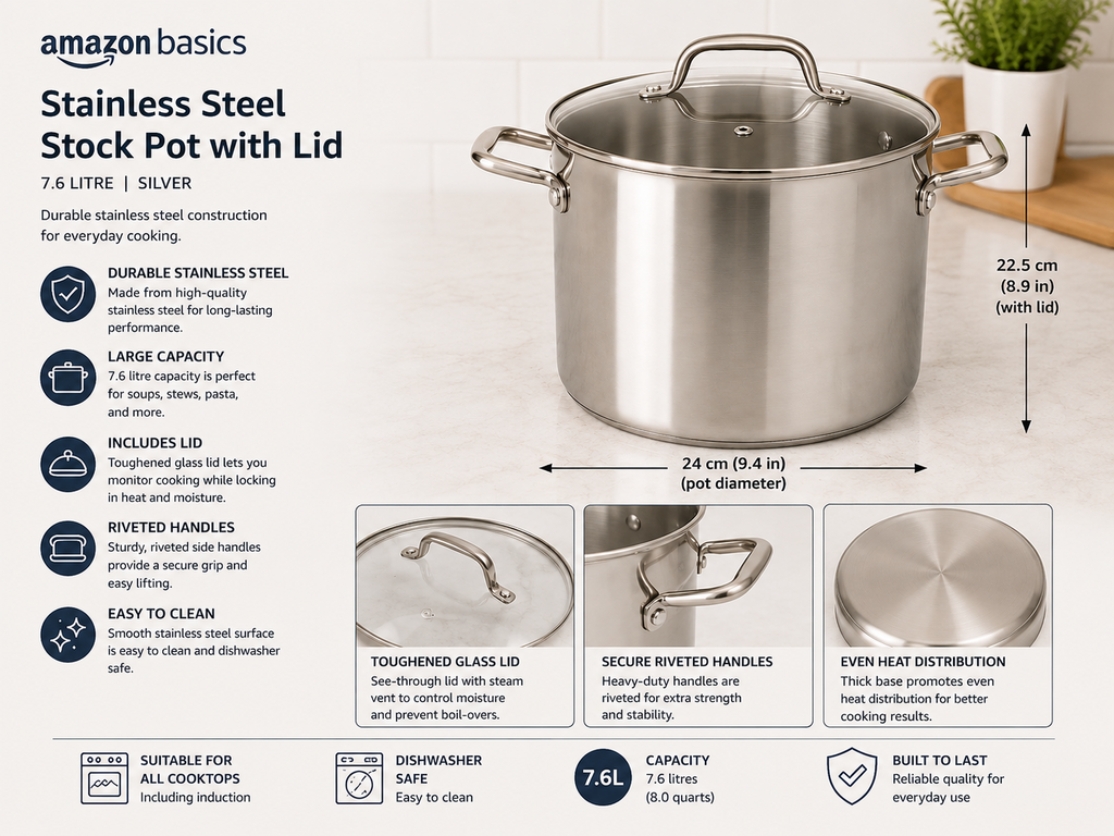 Amazon Basics Stainless Steel Stock Pot With Lid 7.6L Silver 25.2x33.5x24.3cm
