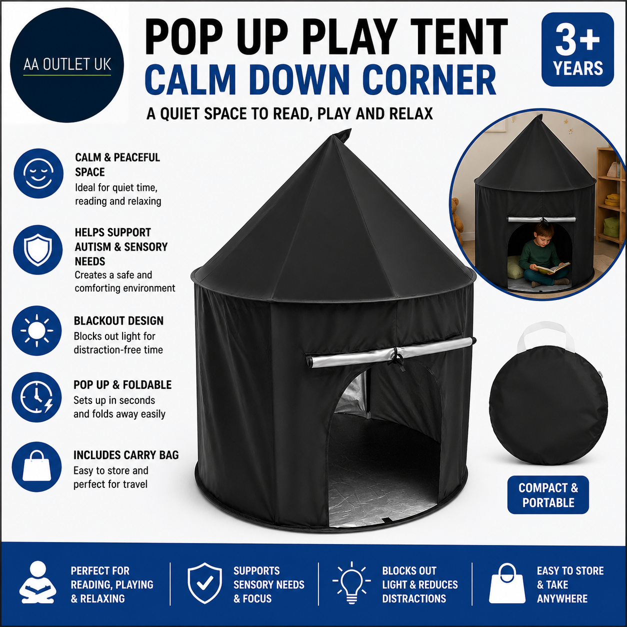 Tent Kids Pop Up Play Helps Autism Foldable Calm Down Corner 39.4x39.4x39.4in