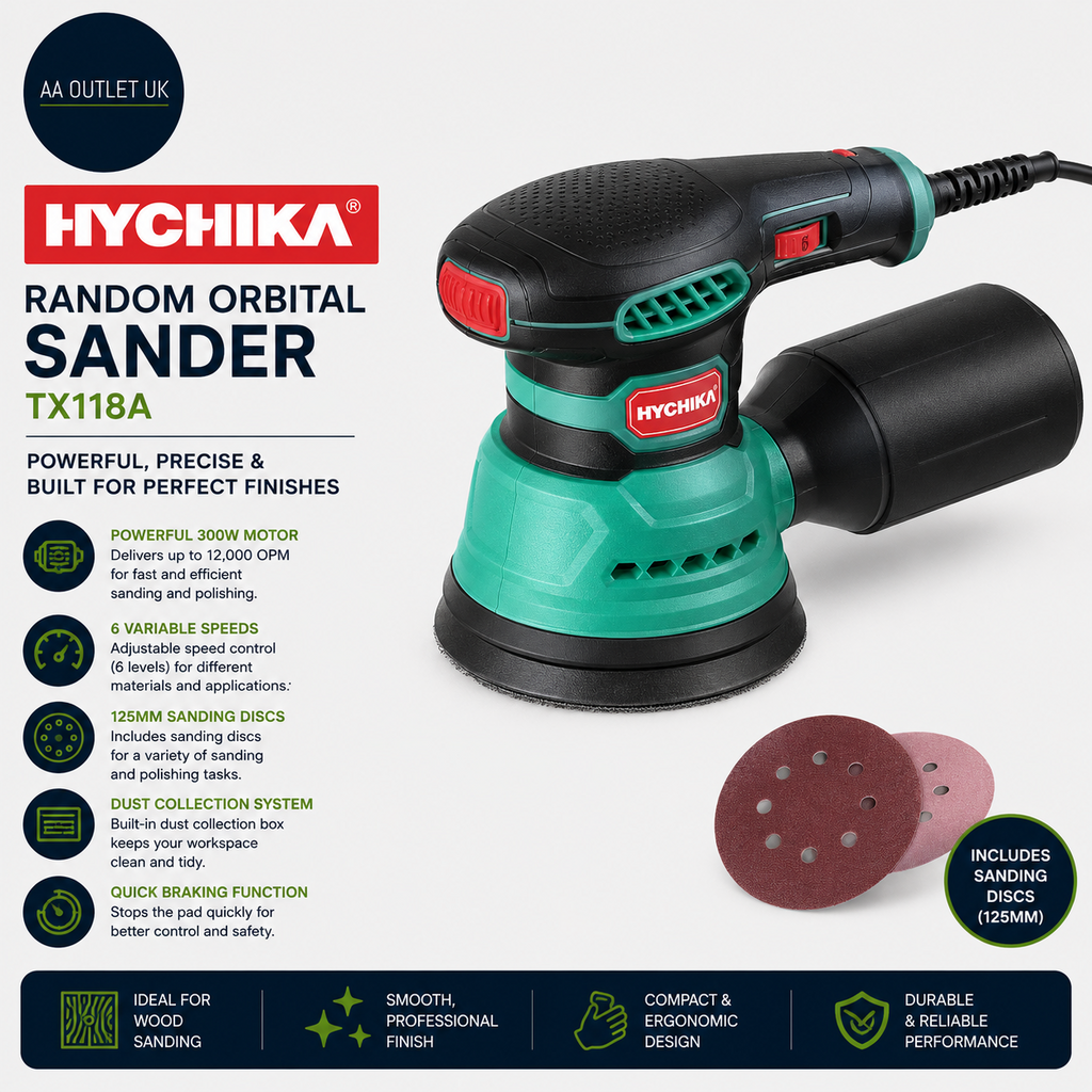 Hychika Random Orbital Sander 300W 12000OPM Orbital 6 Variable Speeds
