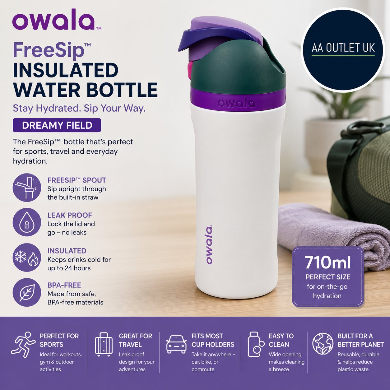 Owala FreeSip Insulated Stainless Steel Water Bottle Straw 710ml Dreamy Field
