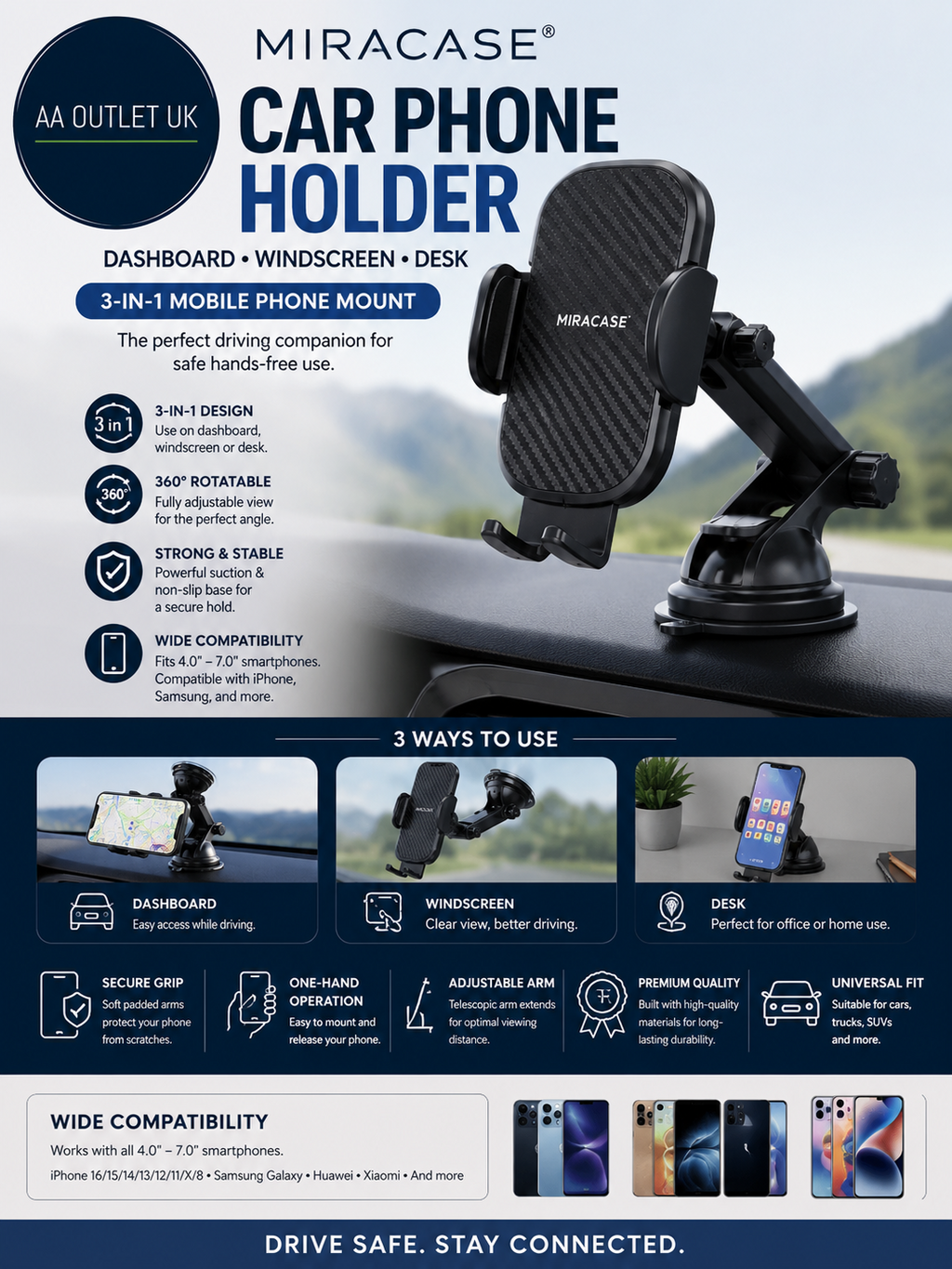 Miracase Car Phone Holder Dashboard Windscreen Desk Mount 3 In 1 Mobile