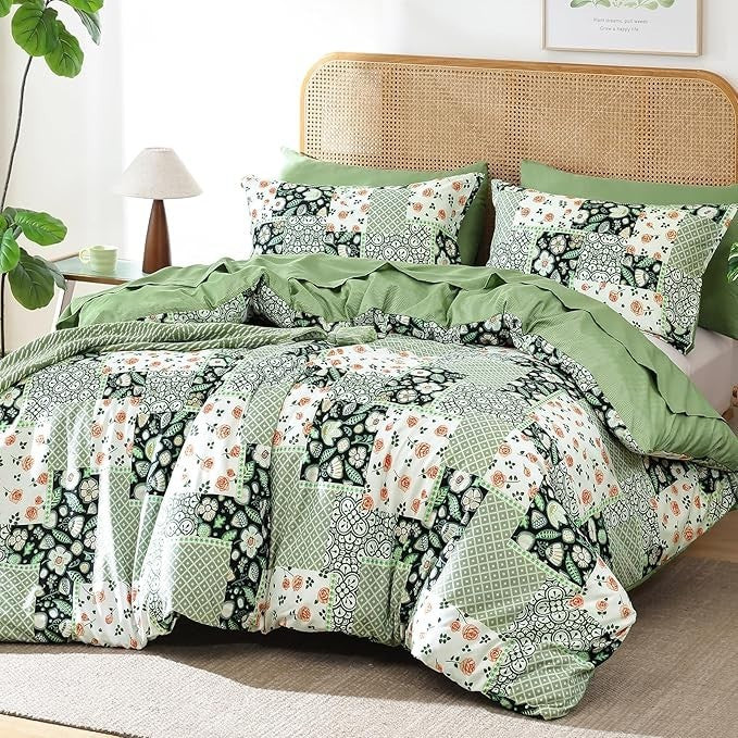 DJY Floral Duvet Cover Set King Size 3 Piece Green Bedding Wrinkle 220x230cm New