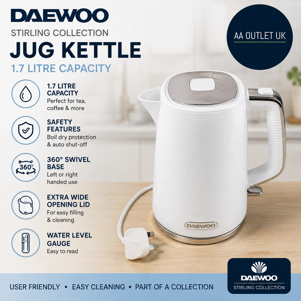 Daewoo Stirling Collection Jug Kettle 1.7L User Friendly Easy Cleaning White