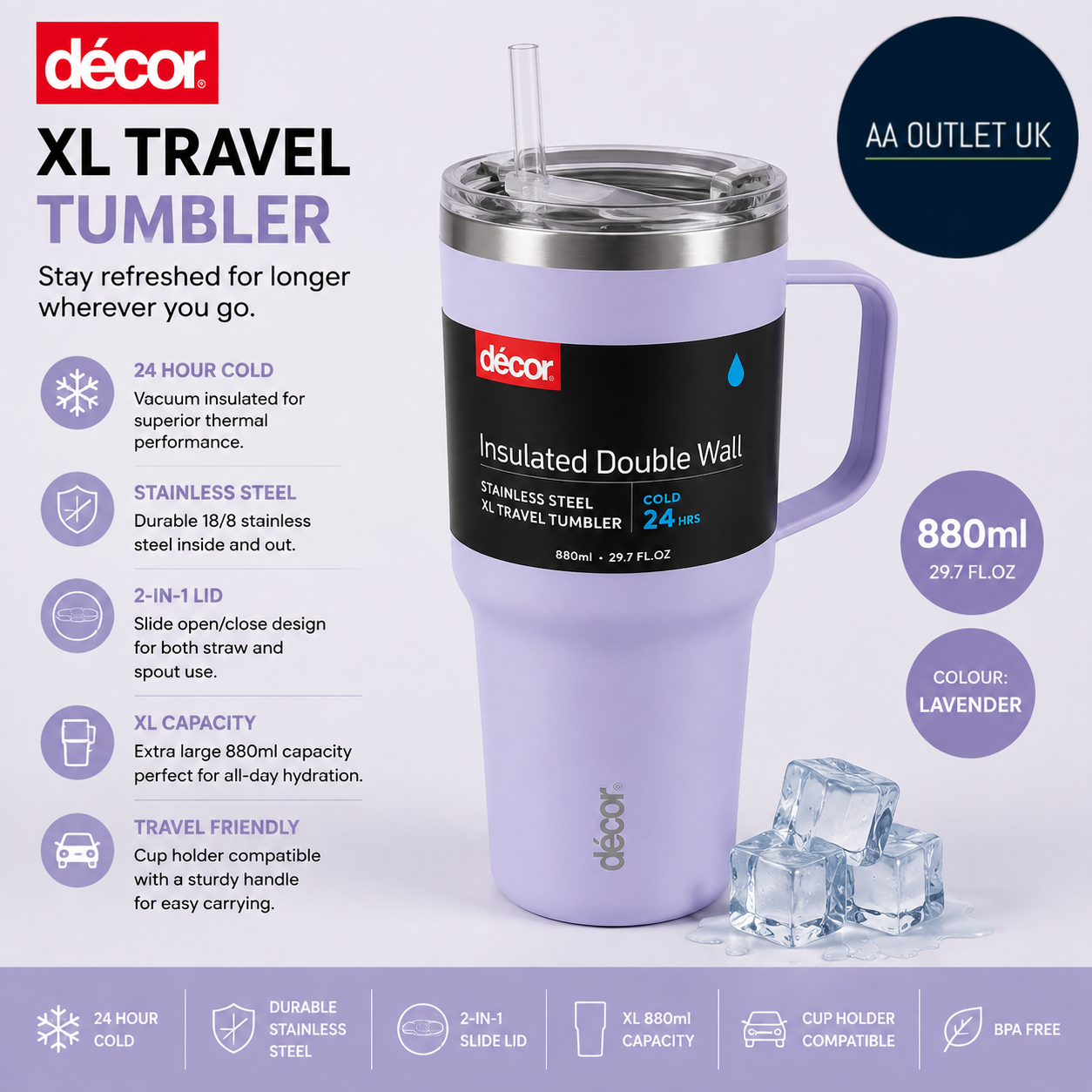 Decor Stainless Steel XL 880ml Tumbler Vacuum Insulated Superior Thermal
