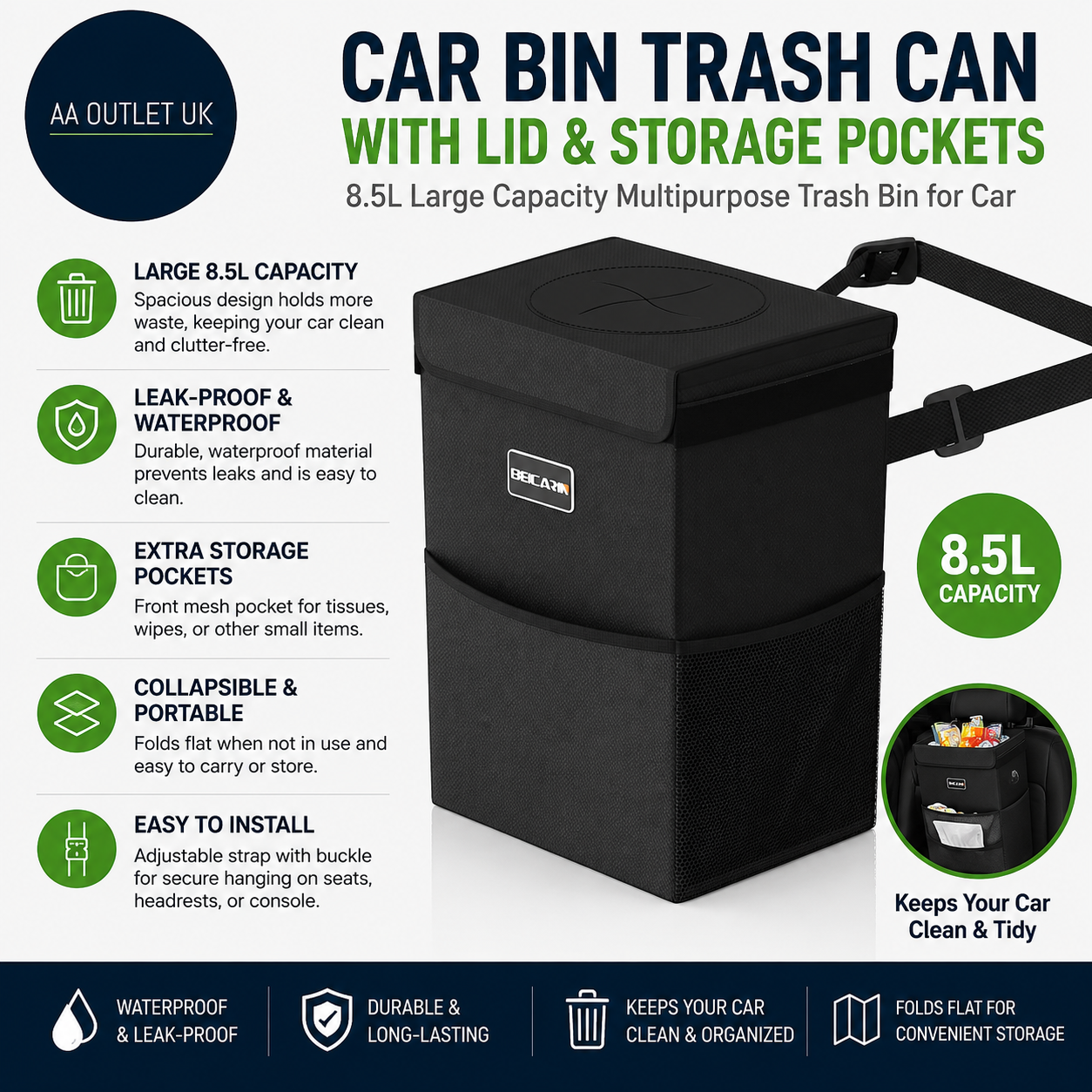 Car Bin Trash Can Lid Bag Hanging Storage Pockets Leak Proof 8.5L New