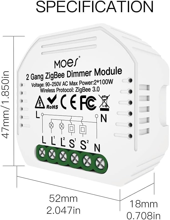 Moes Mini DIY ZigBee Smart Dimmer Switch Module 2 Gang Needs Neutral Line New