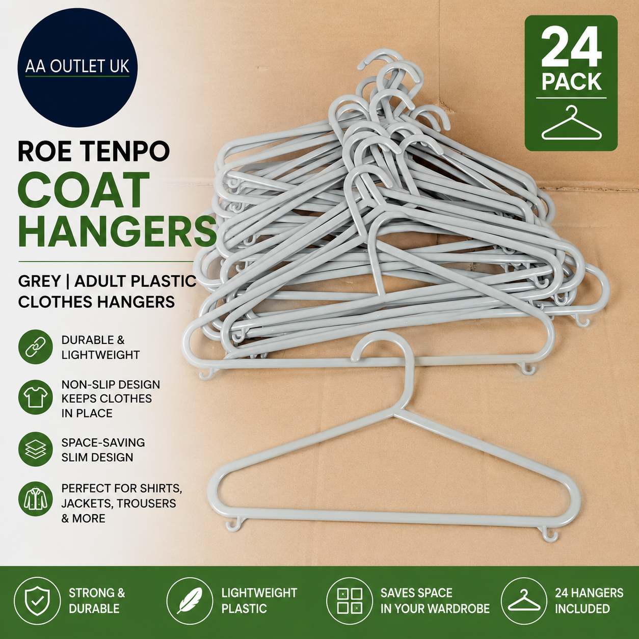 Roe Tenpo Coat Hangers Grey Adult Plastic Clothes Durable Lightweight 24 Pieces