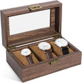 Uten Watch Box 3 Slots Watch Case With Glass Lid Wood Grain Pu Leather New