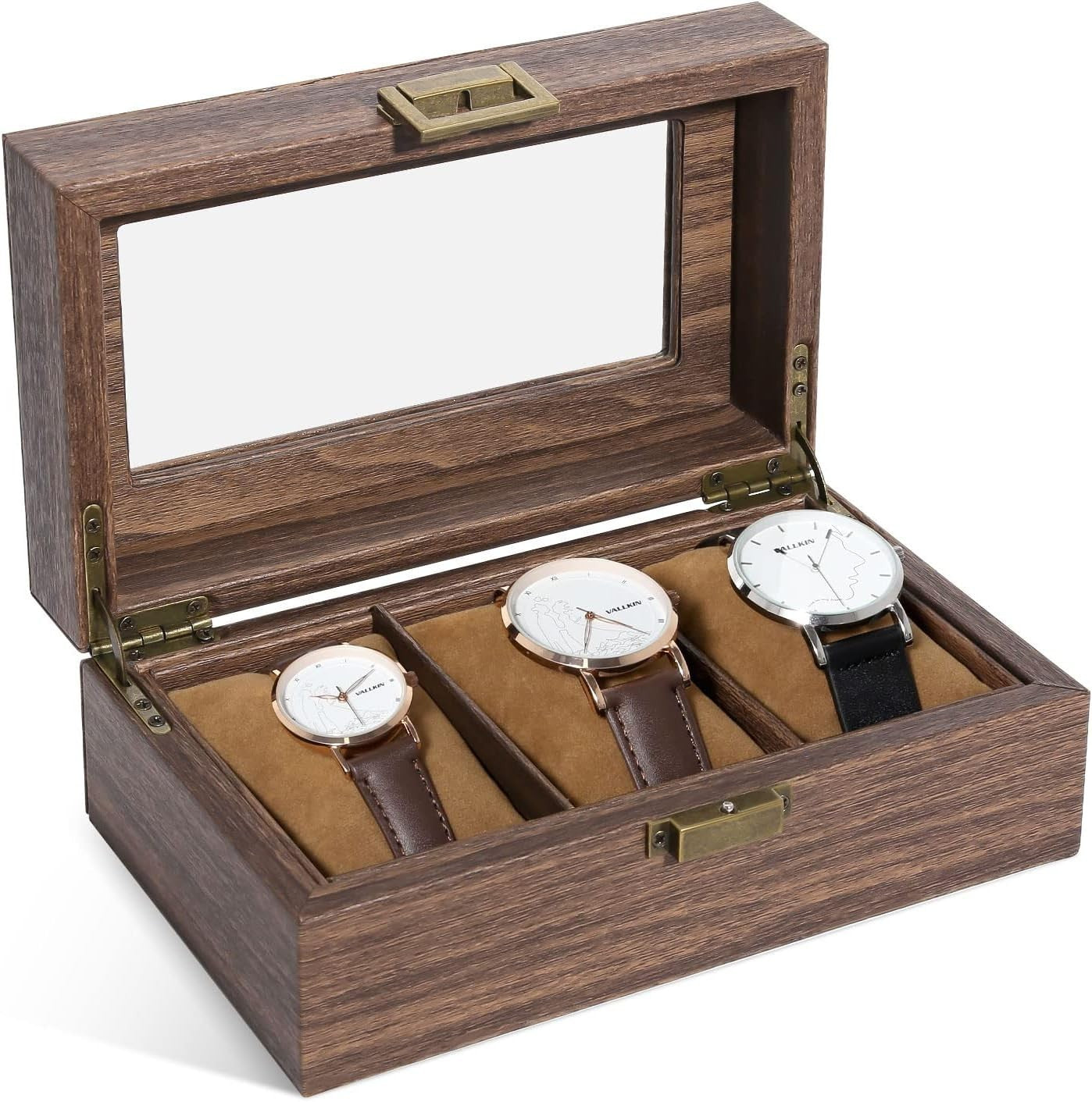 Uten Watch Box 3 Slots Watch Case With Glass Lid Wood Grain Pu Leather New