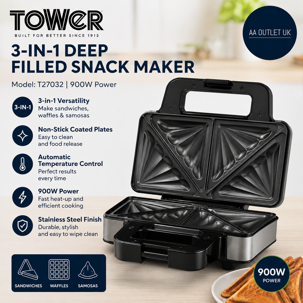 Tower 3 In 1 Deep Filled Snack Maker Non Stick Coated Plate T27032 900W