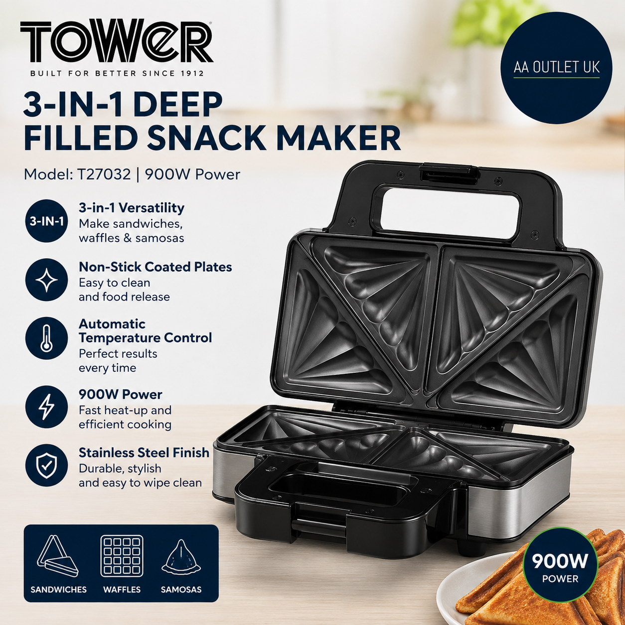 Tower 3 In 1 Deep Filled Snack Maker Non Stick Coated Plate T27032 900W
