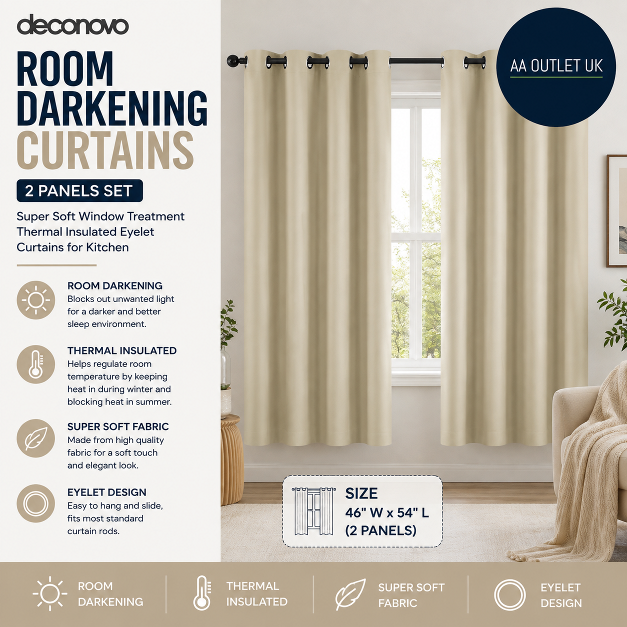 Deconovo Room Darkening Curtains Beige Super Soft Window Treatment 46x54in