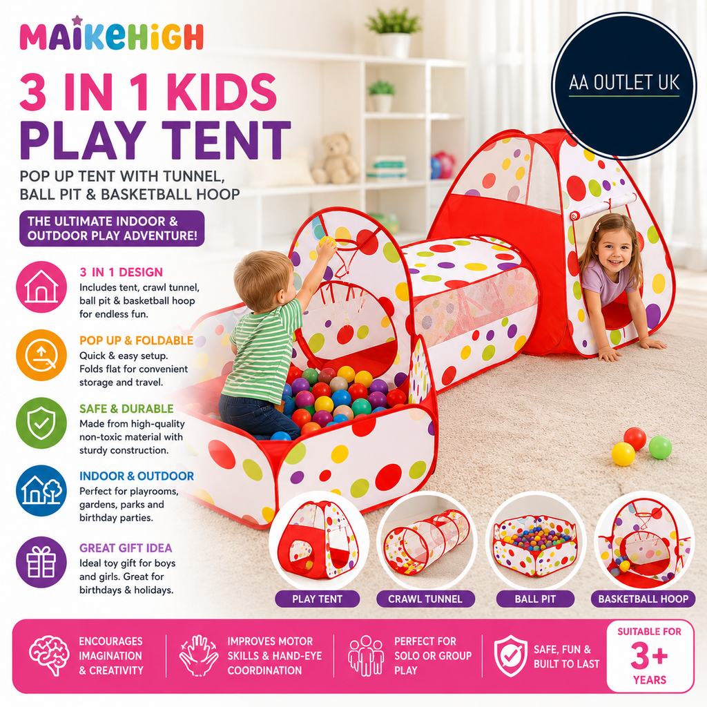 Maikehigh 3 In 1 Kids Play Tent Pop Up Crawl Tunnel Foldable Baby Ball Pit