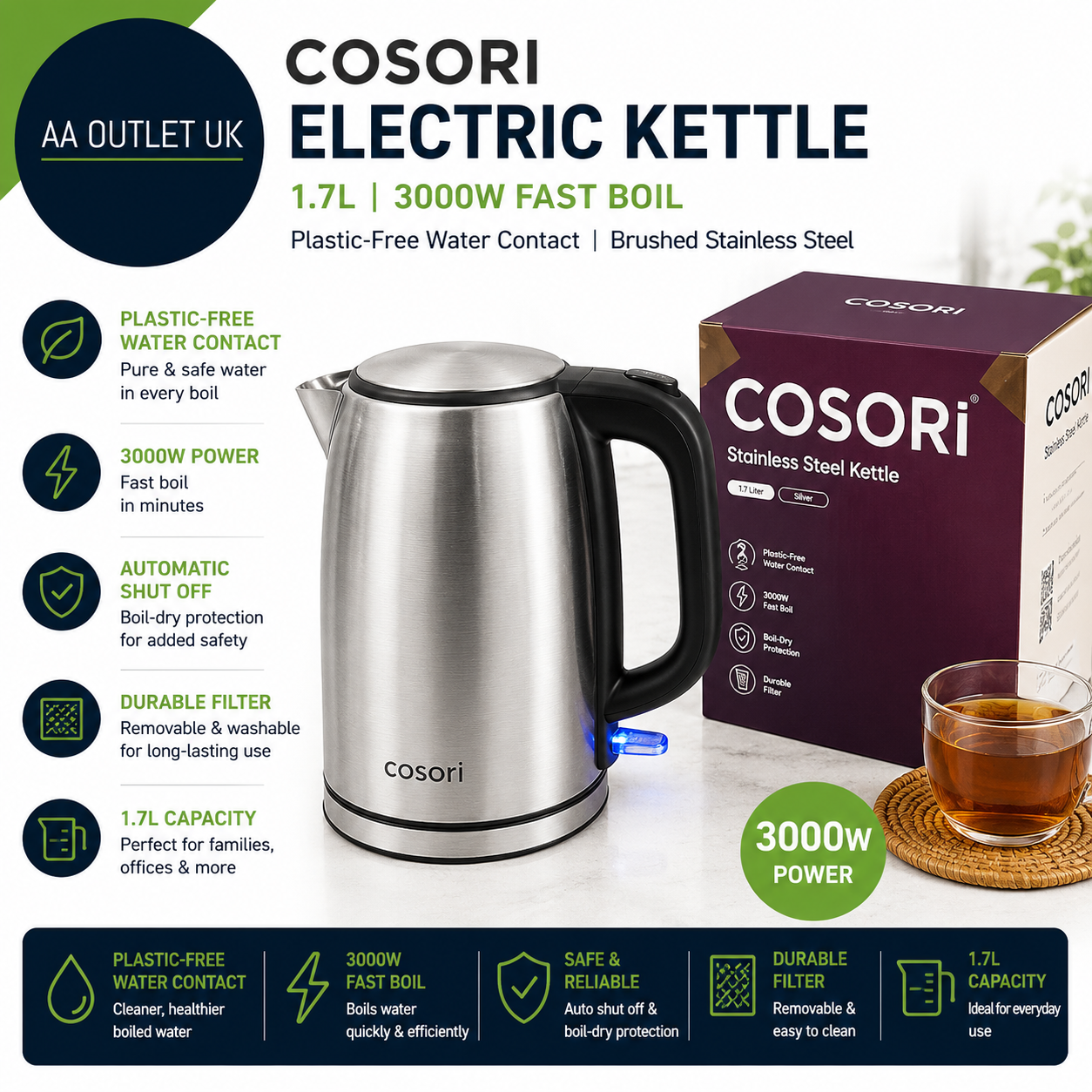 Cosori Kettle Plastic Free Water Contact Kettles Electric Brushed Stainless