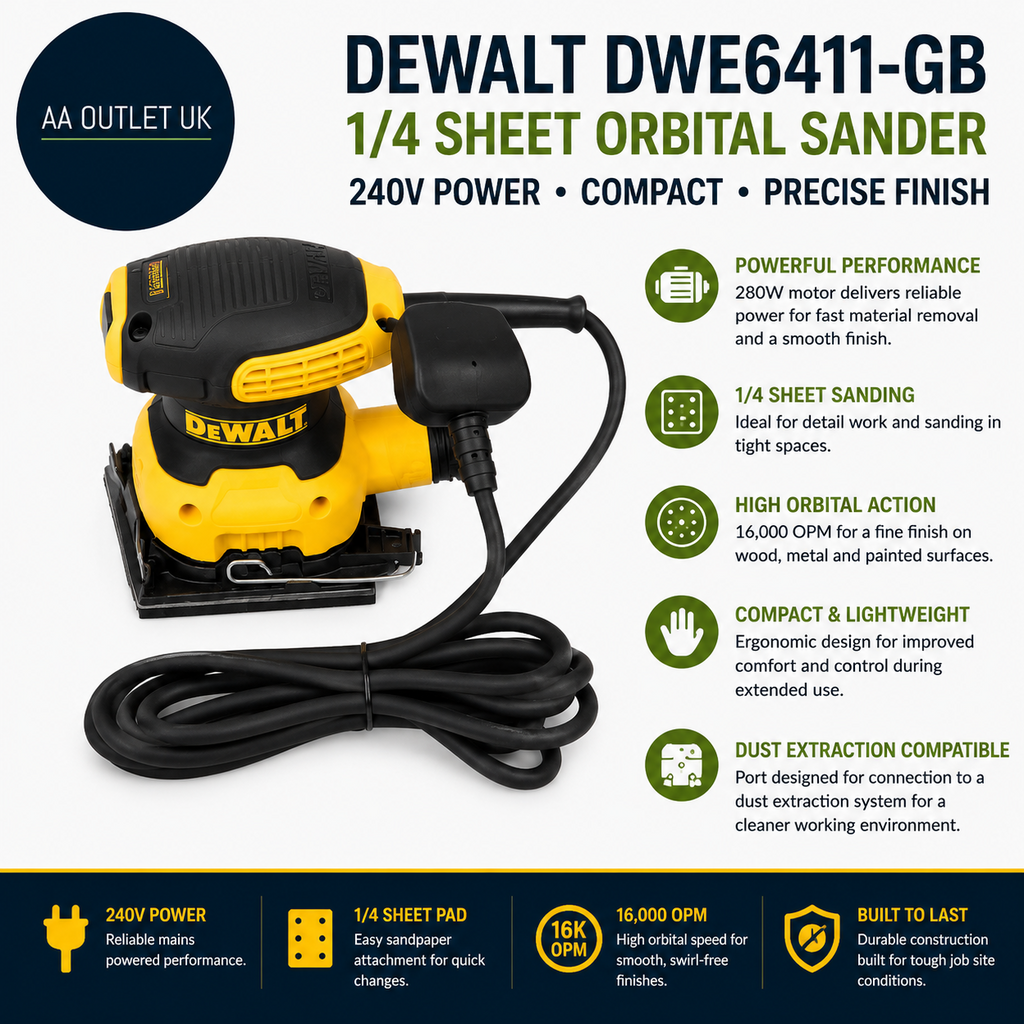 Dewalt DWE6411GB 240V 1/4 Sheet Orbital Sander Yellow Black 19Lx29x16cm