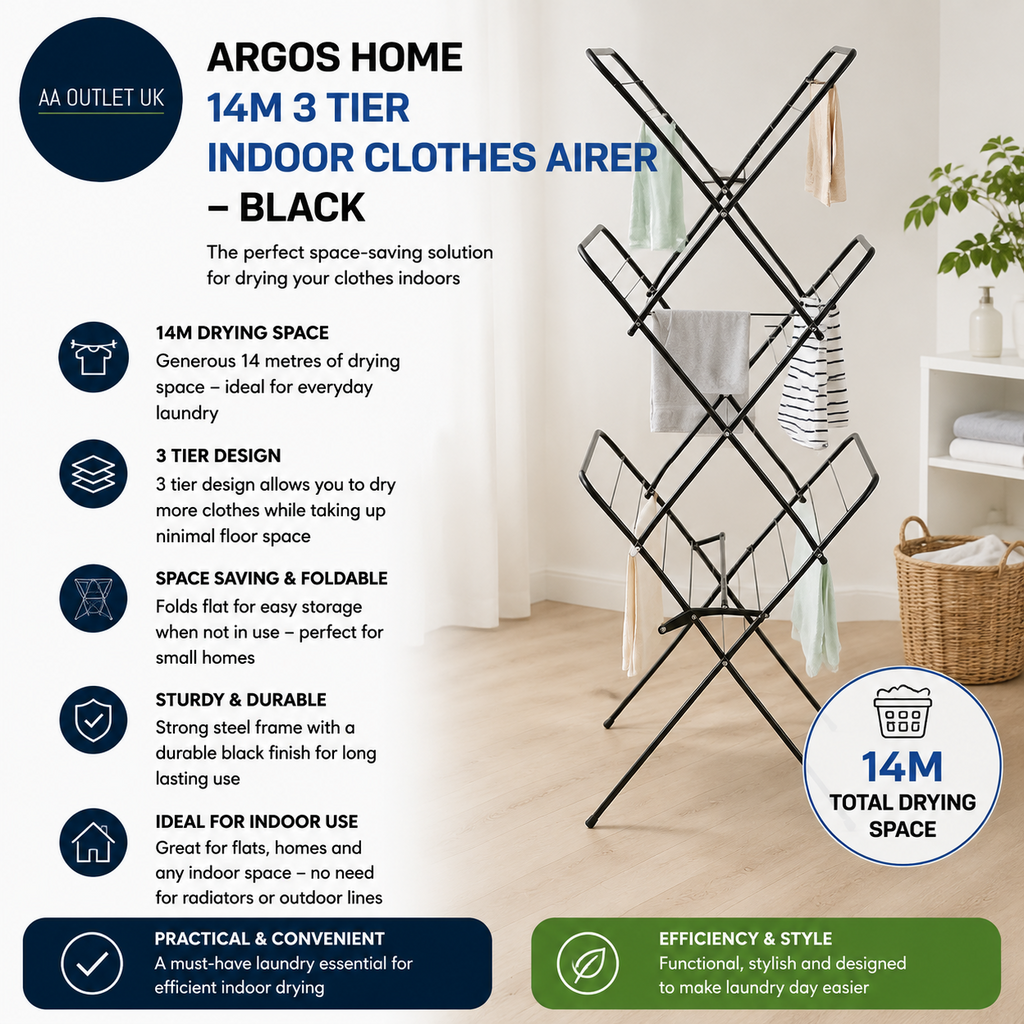 Argos Home 14m 3 Tier Indoor Clothes Airer Black Drying Capacity 14kg