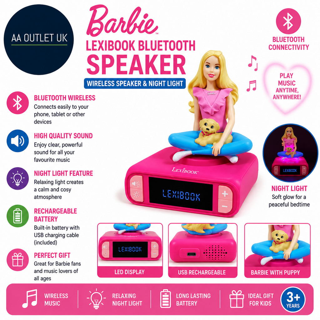 Lexibook Barbie Nightlight Alarm Clock LCD Backlit Snooze Pink RL800BBLXB Design