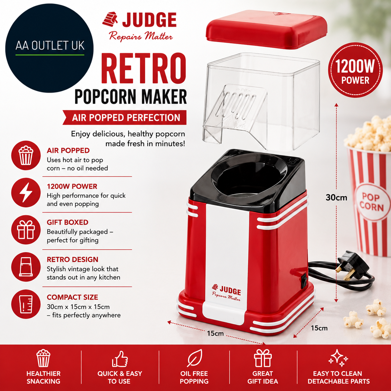 Judge JEA83 Electrical Popcorn Maker Retro Machine Air Popped Corn 30x15x15cm
