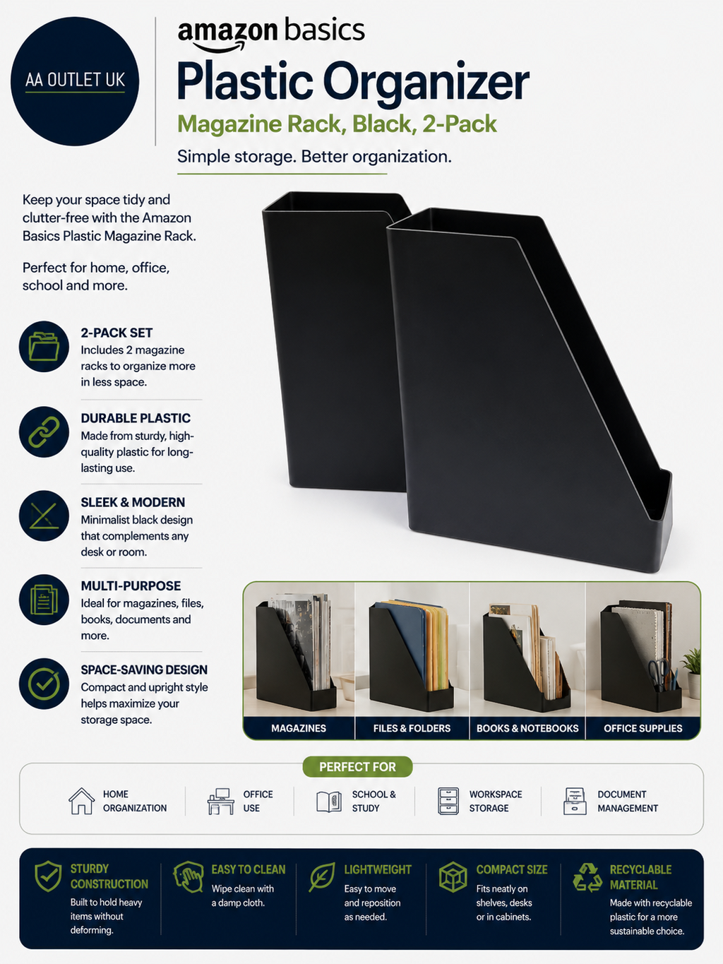 Amazon Basics Plastic Organizer Magazine Rack Black Plastic 2 Pack