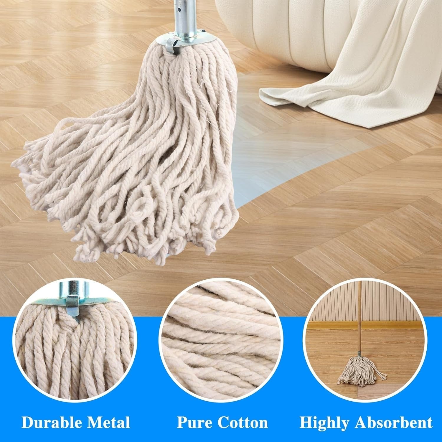 ASelected Cotton Mop Head Refills 3 Pieces Super Absorbent Replacement Biege New